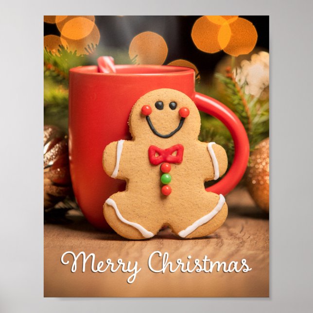 Affiche Joyeux Noël Gingerbread Homme et Chocolat chaud (Devant)