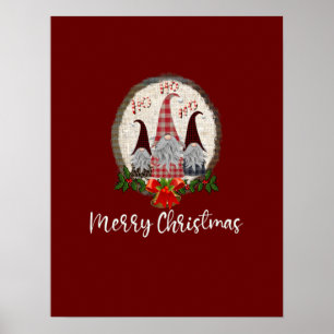 Affiche Joyeux Noël Gnomes Rouge, Rustique, Carreaux, Tend
