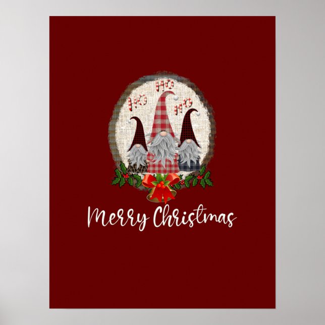 Affiche Joyeux Noël Gnomes Rouge, Rustique, Carreaux, Tend (Devant)