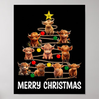 Affiche Joyeux Noël Highland Cow Western Xmas Tree Paj