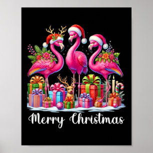 Affiche Joyeux Noël Lumières Flamant Chapeau de Père Noël