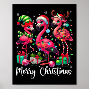 Affiche Joyeux Noël Lumières Flamant rose Santa Hat Snow X
