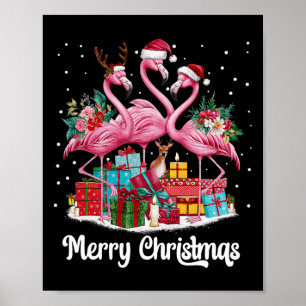 Affiche Joyeux Noël Lumières Flamant rose Santa Hat Snow X