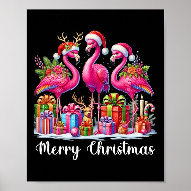 Affiche Joyeux Noël Lumières Flamant rose Santa Hat Snow X (Devant)