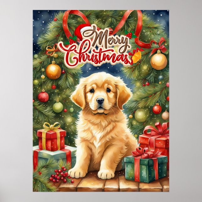 Affiche Joyeux Noël mignonne chiot et sapin de Noël (Devant)