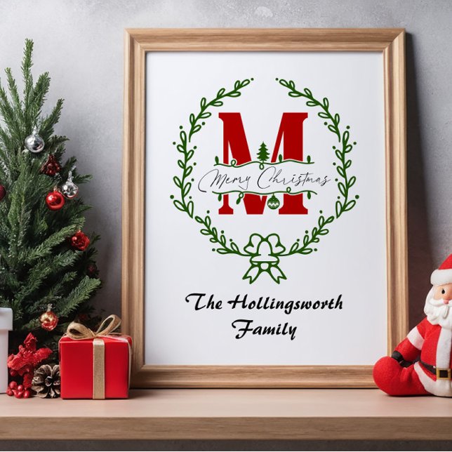 Affiche Joyeux Noël Monogramme Wreath Personnaliser (Créateur téléchargé)