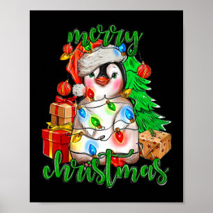 Affiche Joyeux Noël Penguin Arbre Lumières Santa Hat Funn