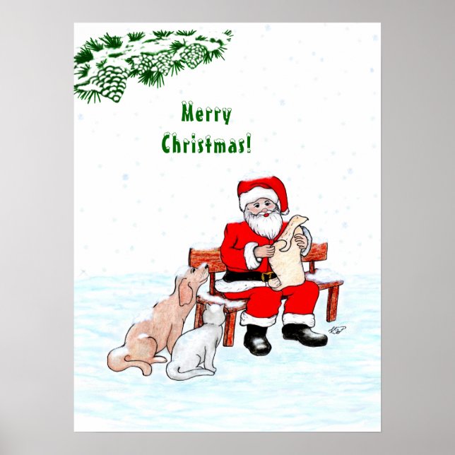 Affiche Joyeux Noël! Père Noël avec chat et chien (Devant)