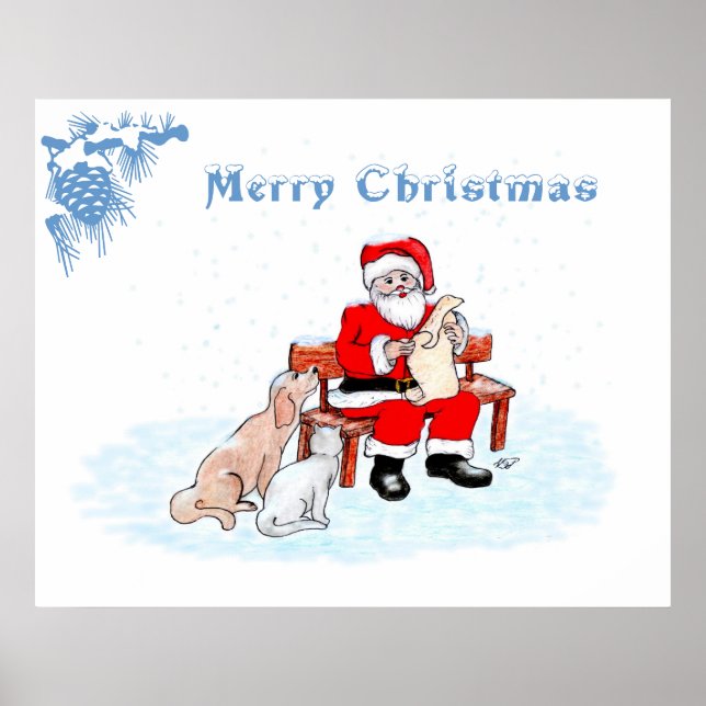 Affiche Joyeux Noël - Père Noël avec chat et chien (Devant)