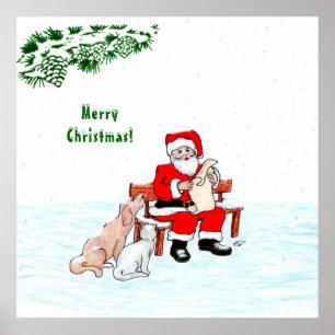 Affiche Joyeux Noël! Père Noël avec chat et chien