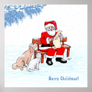 Affiche Joyeux Noël - Père Noël avec chat et chien