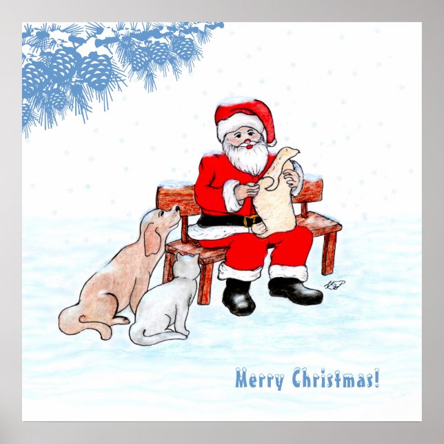 Affiche Joyeux Noël - Père Noël avec Chat et Chien (Devant)