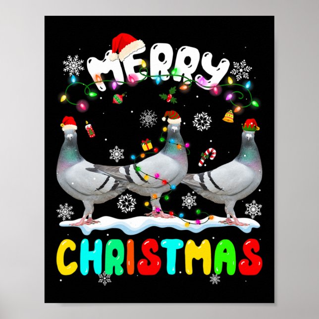 Affiche Joyeux Noël Pigeon Lover Santa Hat Noël Lumières (Devant)