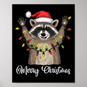 Affiche Joyeux Noël Raccoon Santa Hat Xmas Light Pjs M