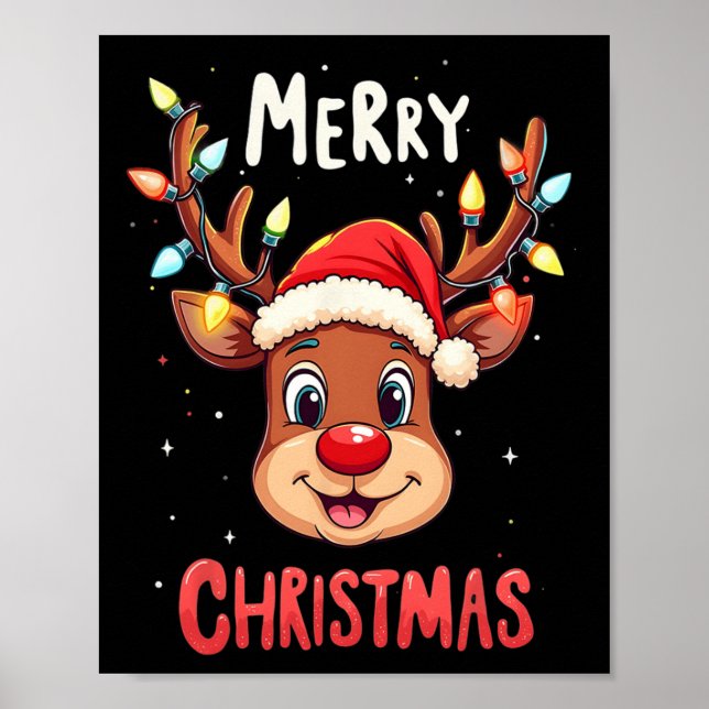 Affiche Joyeux Noël Reindeer Rouge Père Noël Noël Hommes d (Devant)