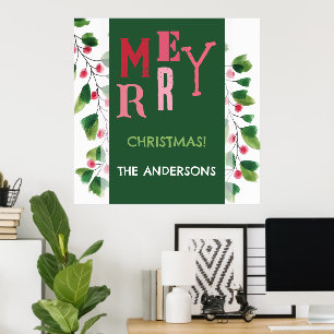 Affiche Joyeux Noël Rouge Et Vert Aquarelle Wreath
