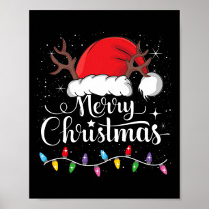 Affiche Joyeux Noël Rouge Père Noël Chapeau Reindeer Famil