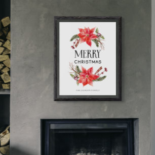 Affiche Joyeux Noël Rustique Poinsettia Verdure