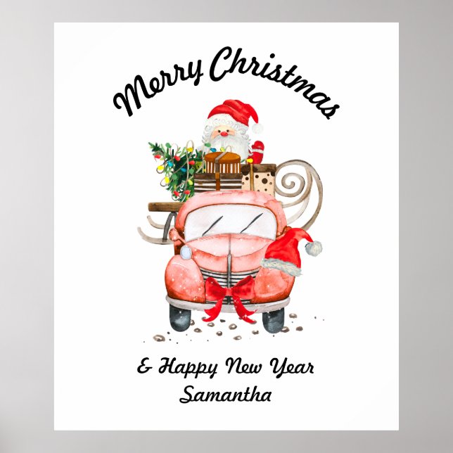 Affiche Joyeux Noël Santa aquarelle cadeau voiture (Devant)