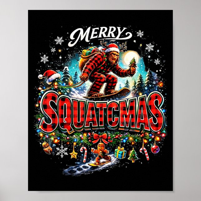 Affiche Joyeux Noël Squatchmas Drôle Bigfoot Snowboard (Devant)