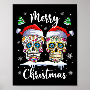 Affiche Joyeux Noël Sugar Crâne Santa Chapeau Famille Noël