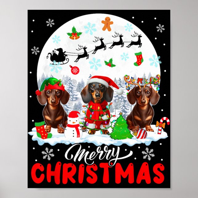 Affiche Joyeux Noël trois Père Noël Elf Reindeer Dachshund (Devant)