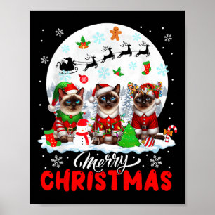 Affiche Joyeux Noël Trois Santa Elfe Renne Siamois C