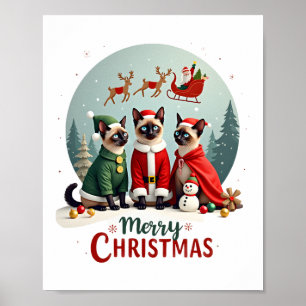 Affiche Joyeux Noël Trois Santa Elfe Renne Siamois C