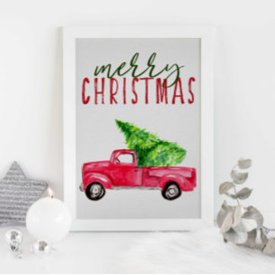 Affiche Joyeux Noël typographie Fête de Camion Rouge Arbre