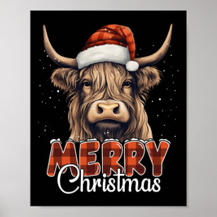 Affiche Joyeux Noël Vache Highland Ouest Santa Hat Xma