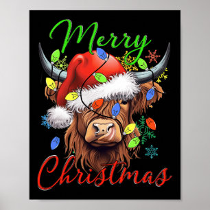 Affiche Joyeux Noël Vache Highland Ouest Santa Hat Xma