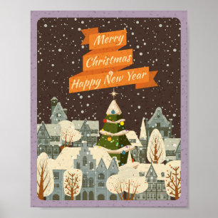 Affiche Joyeux Noël Vintage Ciel de Ville en Hiver