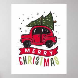 Affiche Joyeux Noël Voiture Rouge Arbre Fêtes Xmas 