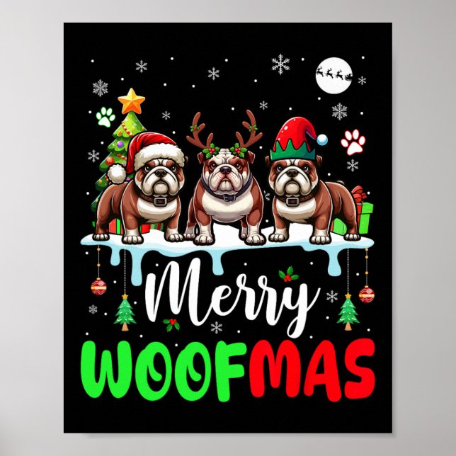 Affiche Joyeux Noël Woit Trois Père Noël Reindeer Elf Bull (Devant)