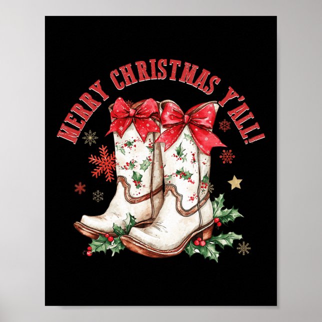Affiche Joyeux Noël Y'all Howdy Bottes de Noël Cowgir (Devant)