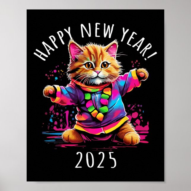 Affiche Joyeux Nouvel An 2025 Fête Danser Design Chat (Devant)