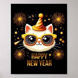 Affiche Joyeux Nouvel An Chat Feu d'artifice Fête du Nouve