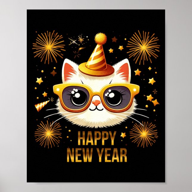 Affiche Joyeux Nouvel An Chat Feu d'artifice Fête du Nouve (Devant)