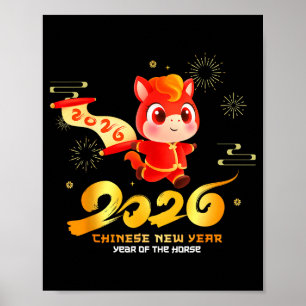 Affiche Joyeux Nouvel An Chinois du Cheval Dessin Animé Mi
