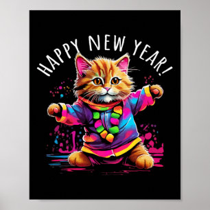 Affiche Joyeux Nouvel An Fête Danser Design Chat