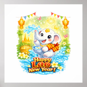 Affiche Joyeux Nouvel An lao – Douce éléphant blanc Pi Mai