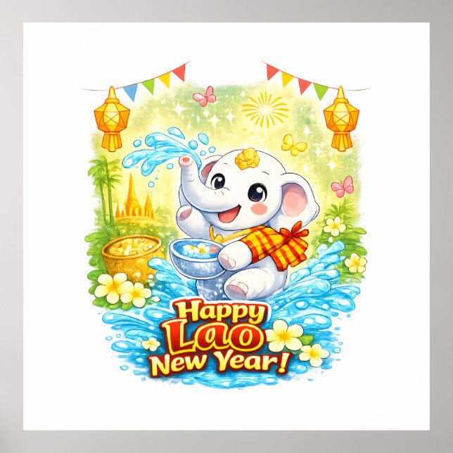 Affiche Joyeux Nouvel An lao – Douce éléphant blanc Pi Mai (Devant)