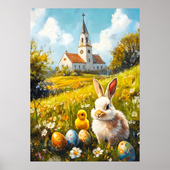 Affiche Joyeux oeuf lapin de l'église chrétienne de Pâques (Devant)