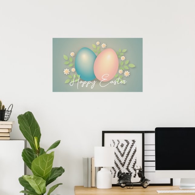 Affiche Joyeux oeufs de Pâques et fleurs de printemps bleu (Bureau à domicile)