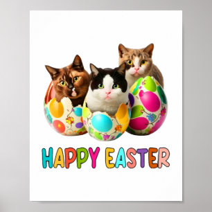 Affiche Joyeux Pâques Trois Chats Coloré Oeufs de Pâques K