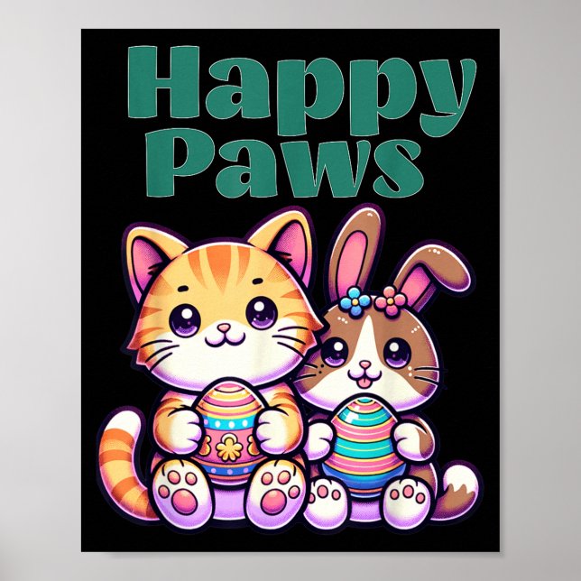 Affiche Joyeux Pattes Lapin Mignon Chat Pâques Oeuf Animal (Devant)