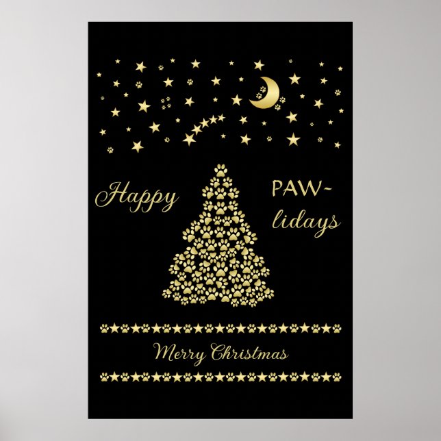 Affiche Joyeux Pawlidays, Or brillant Paw sapin de Noël (Devant)