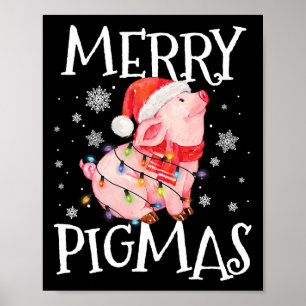 Affiche Joyeux Pigmas Drôle Cochon Feux Noël Lumières Arbr