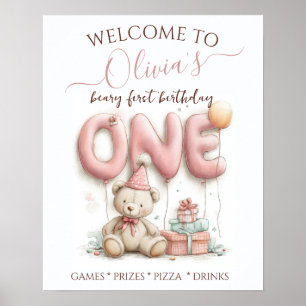Affiche Joyeux premier anniversaire avec ours en peluche