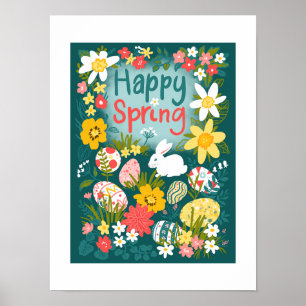 Affiche Joyeux printemps Pâques chasse aux oeufs champ de 